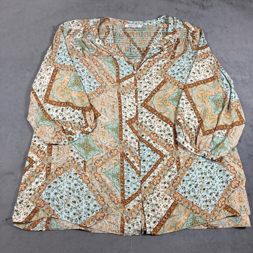 Rose + Olive Paisley Floral Smocked Yoke Button Down Blouse Blue Orange 1X